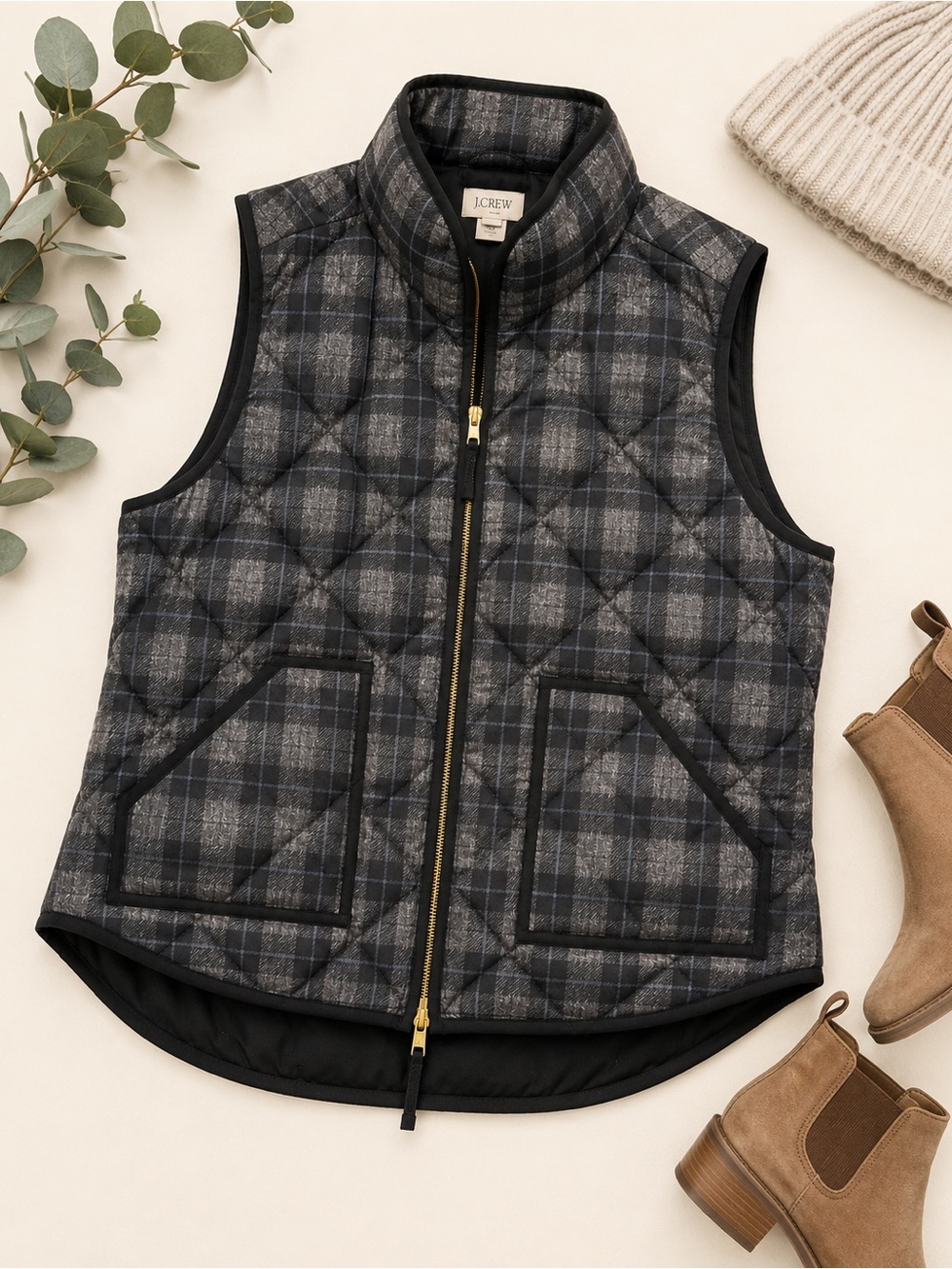 J.Crew XL Gray Plaid Quilted Down Puffer Vest Gold Zip